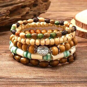 Wood Bead Cuff Bracelet 5pc Surfer Stackable Stretchy Unisex wooden Boho Hippie